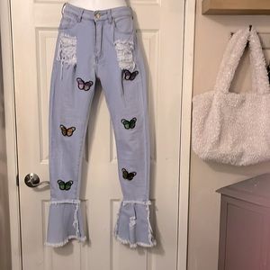 High Waisted Light Blue Fringe 70s Flare Butterfly Patch Jeans Sz 27